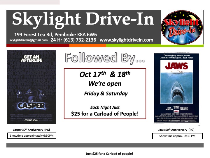 Skylight Drive-In! Casper 30th Anniversary followed by Jaws 50th Anniversary!