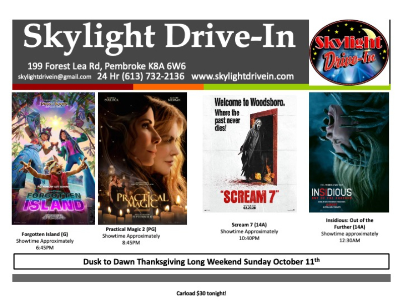 DUSK TO DAWN!  Skylight Drive-In! Forgotten Island Followed By... Practical Magic 2, then Scream 7 then Insidious: Out of the Further
